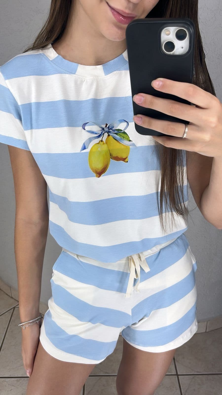 Pijama Short Doll Viscose Algodão Azul Limão Siciliano (Tam GG)